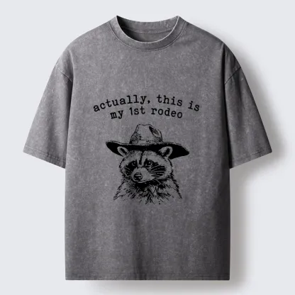 Tokyo-Lion Cowboy Raccoon First Rodeo Meme Washed T-Shirt
