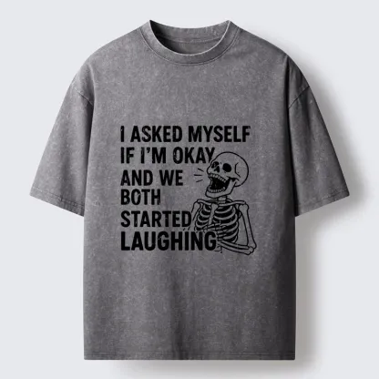Tokyo-Lion Skeleton Mental Health Joke Washed T-Shirt