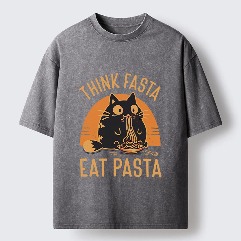 Tokyo-Lion Cute Black Cat Eating Pasta Washed T-Shirt