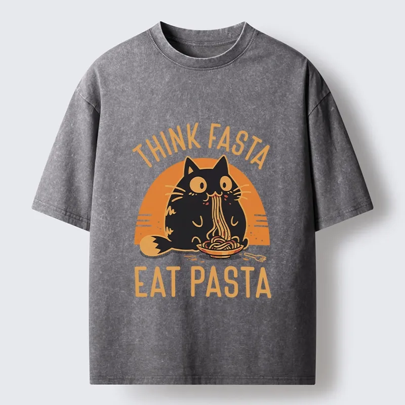 Tokyo-Lion Cute Black Cat Eating Pasta Washed T-Shirt