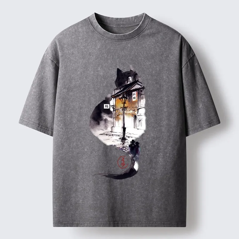 Tokyo-Lion Black Cat Night Street Silhouette Washed T-Shirt