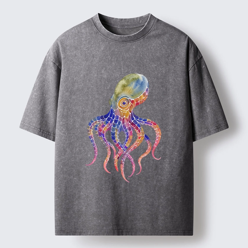 Tokyo-Lion Watercolor Octopus Art Washed T-Shirt