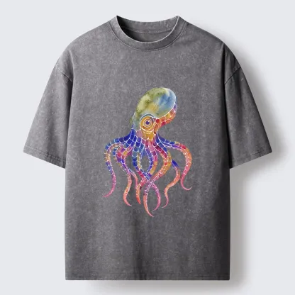 Tokyo-Lion Watercolor Octopus Art Washed T-Shirt