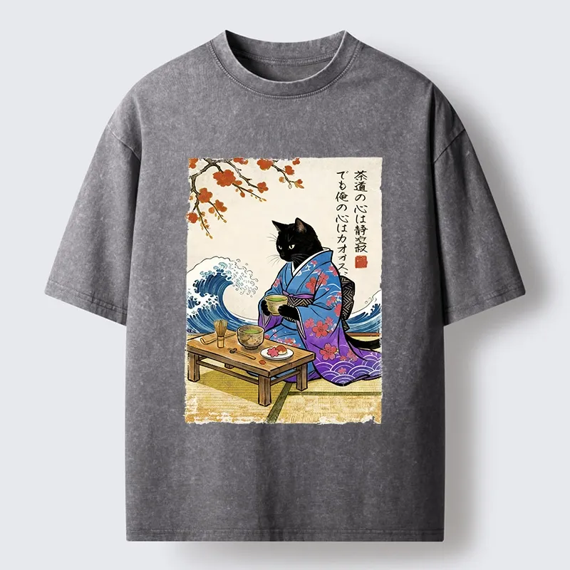 Tokyo-Lion Black Cat Tea Ceremony Japan Washed T-Shirt