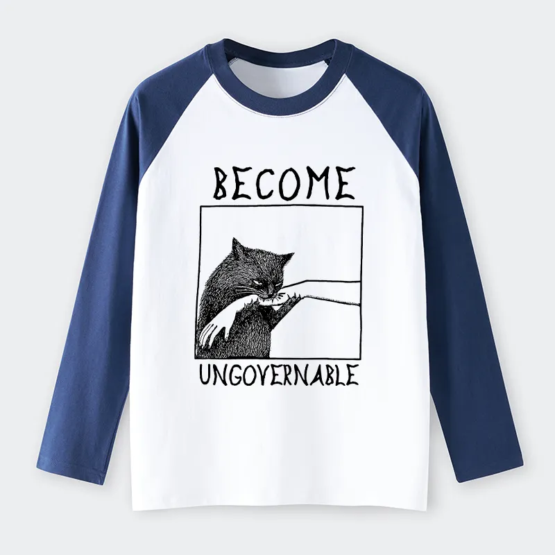 Tokyo-Lion Cat Biting Arm Raglan Long Sleeve T-shirt