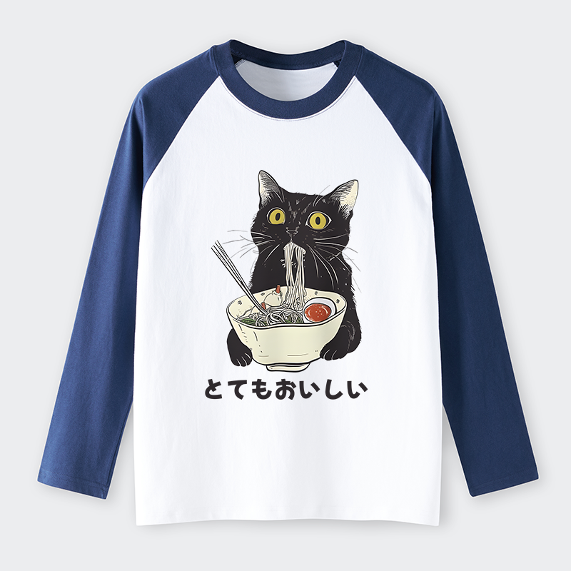 Tokyo-Lion Cats Eat Ramen Noodles Raglan Long Sleeve T-shirt-Tokyo-Lion