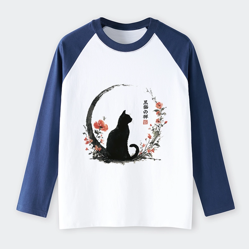 Tokyo-Lion Black Cat And Flowers Raglan Long Sleeve T-shirt