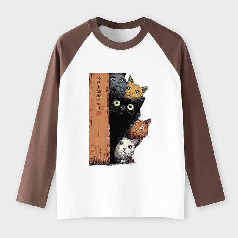 Tokyo-Lion Five Cats Are Watching You Raglan Long Sleeve T-shirt-Tokyo-Lion