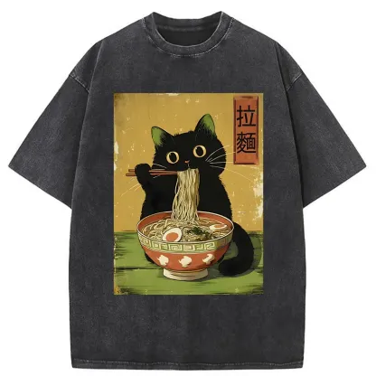 Tokyo-Lion Vintage Japanese Cat Eating Ramen Washed T-Shirt