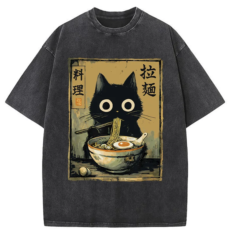 Tokyo-Lion Cute Black Cat Eating Ramen Japan Washed T-Shirt