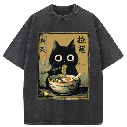 Tokyo-Lion Cute Black Cat Eating Ramen Japan Washed T-Shirt