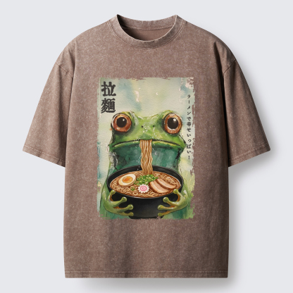 Tokyo-Lion Spacey Frog Eating Ramen Washed T-Shirt
