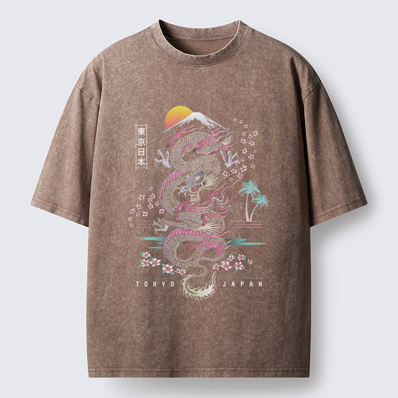 Tokyo-Lion Retro Japanese Dragon Washed T-Shirt