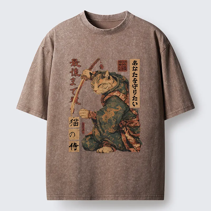 Tokyo-Lion Retro Cat Japanese Samurai Funny Washed T-Shirt