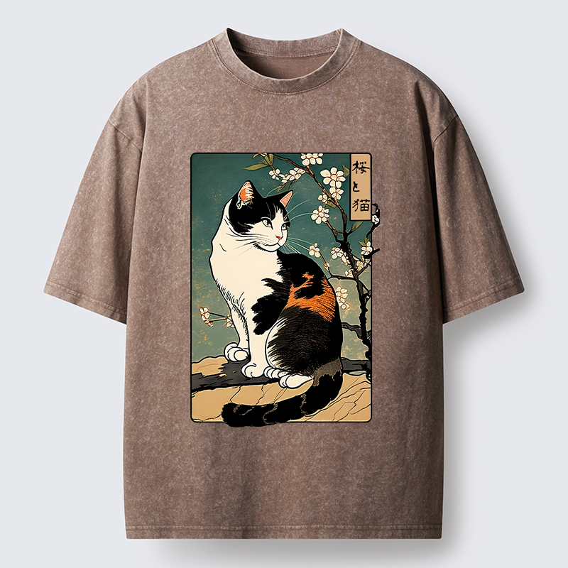 Tokyo-Lion The Cat Under the Sakura Washed T-Shirt