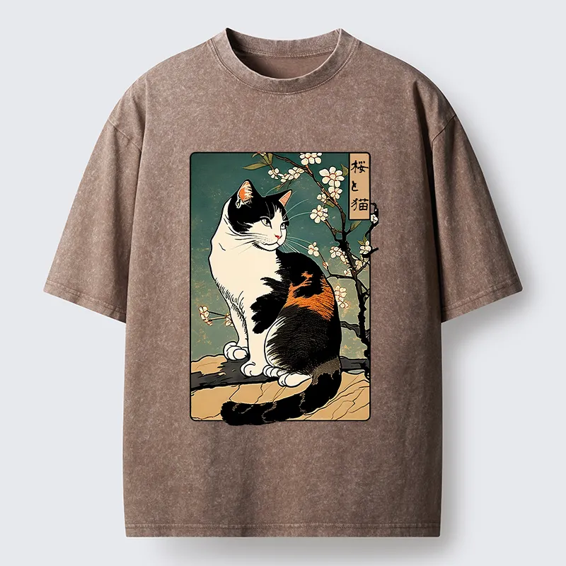 Tokyo-Lion The Cat Under the Sakura Washed T-Shirt