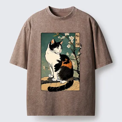 Tokyo-Lion The Cat Under the Sakura Washed T-Shirt