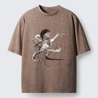 Tokyo-Lion Octopus Ink Painting Washed T-Shirt