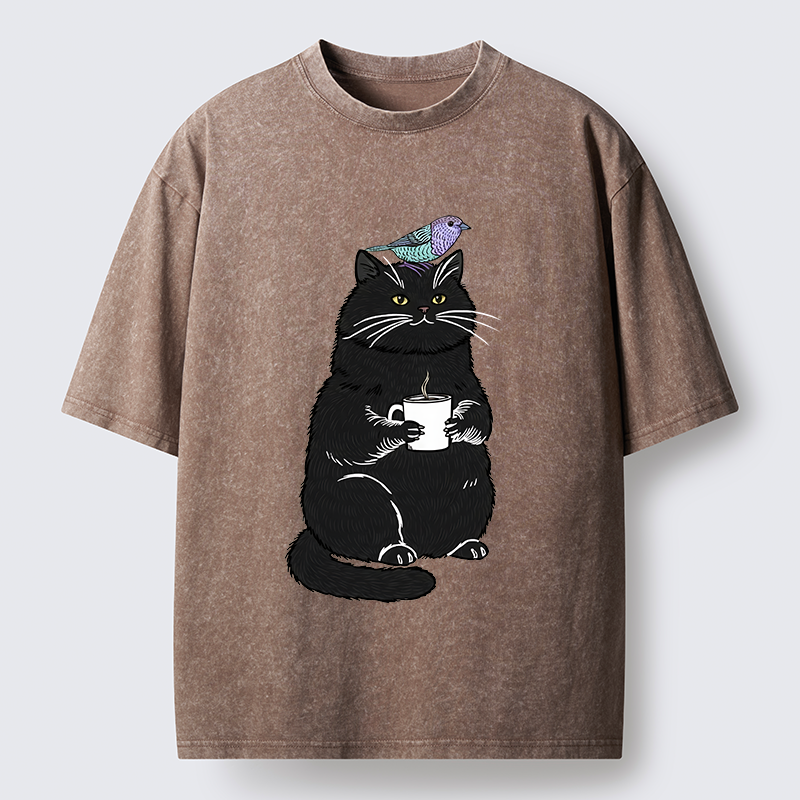 Tokyo-Lion Black Cat And Bird Washed T-Shirt