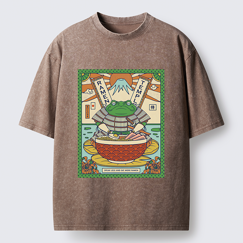 Tokyo-Lion Frog Samurai Eating Ramen Washed T-Shirt