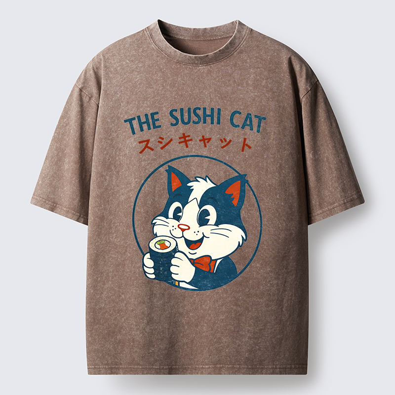 Tokyo-Lion Cat Sushi Funny Washed T-Shirt