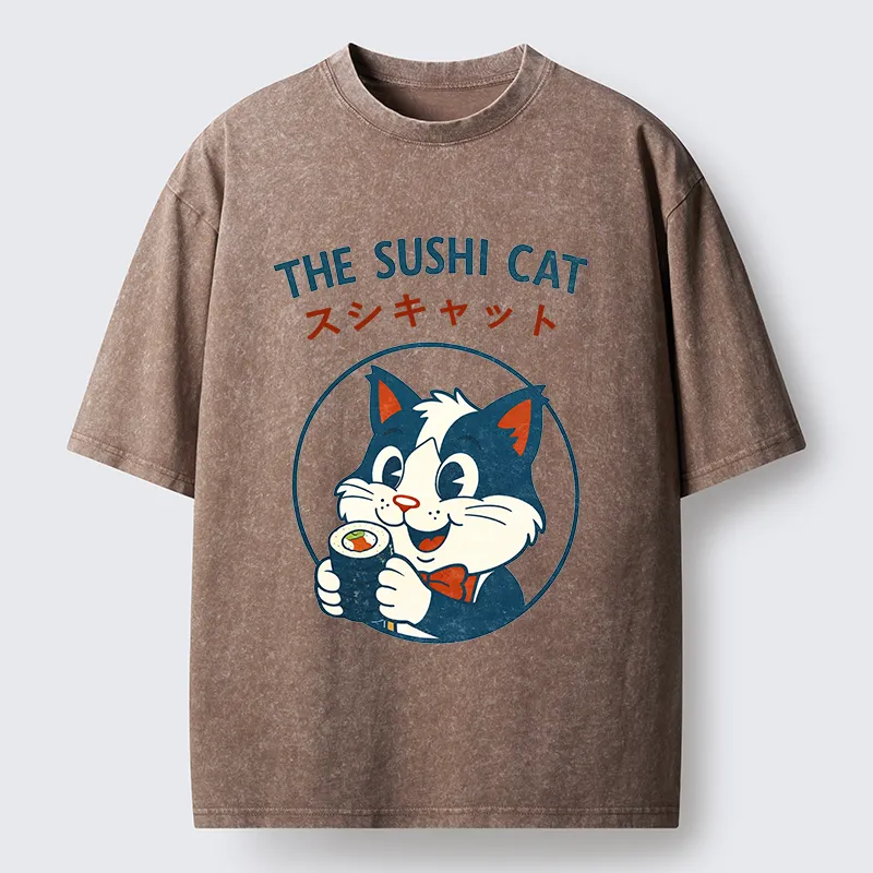 Tokyo-Lion Cat Sushi Funny Washed T-Shirt