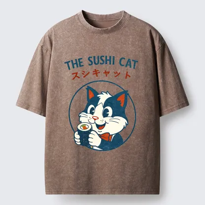 Tokyo-Lion Cat Sushi Funny Washed T-Shirt