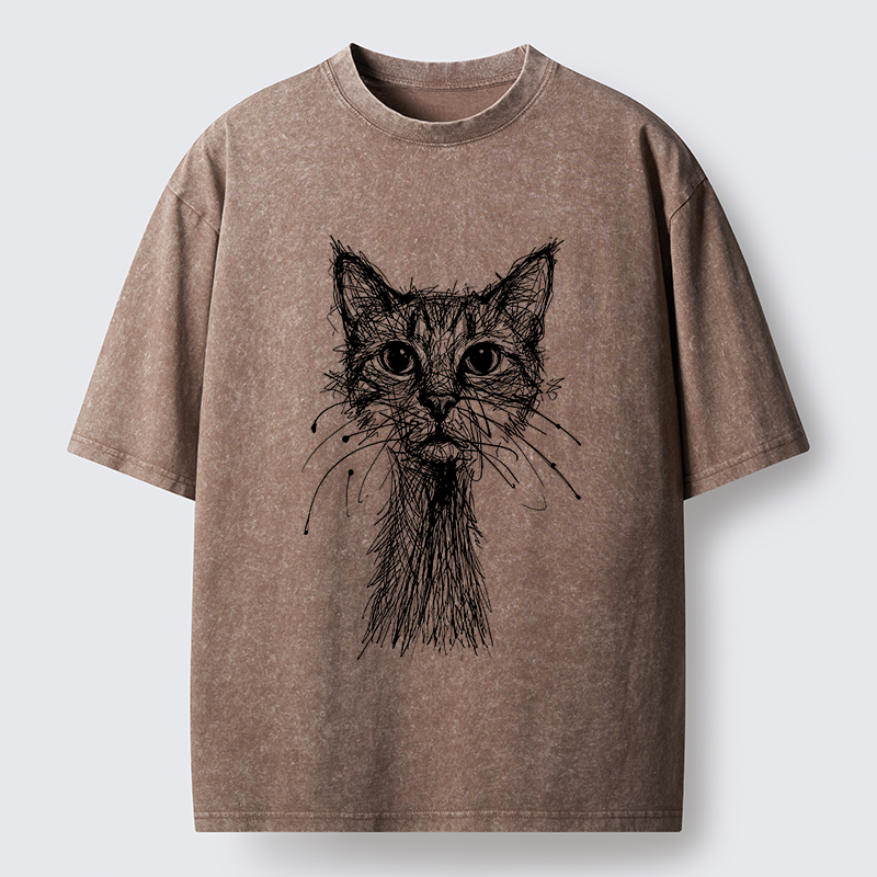 Tokyo-Lion Messy Line Cat Washed T-Shirt-Tokyo-Lion