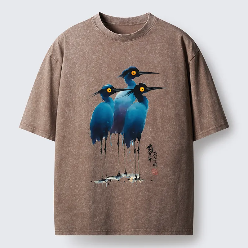Tokyo-Lion Great Blue Heron Ink Painting Washed T-Shirt
