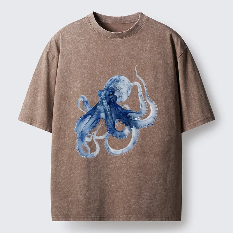 Tokyo-Lion Blue Octopus Washed T-Shirt