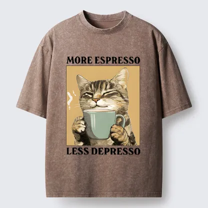 Tokyo-Lion Cute Cat Drinking Coffee Washed T-Shirt