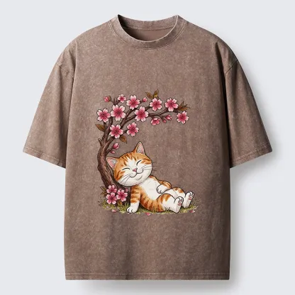 Tokyo-Lion Cat Sleeps Under Sakura Washed T-Shirt