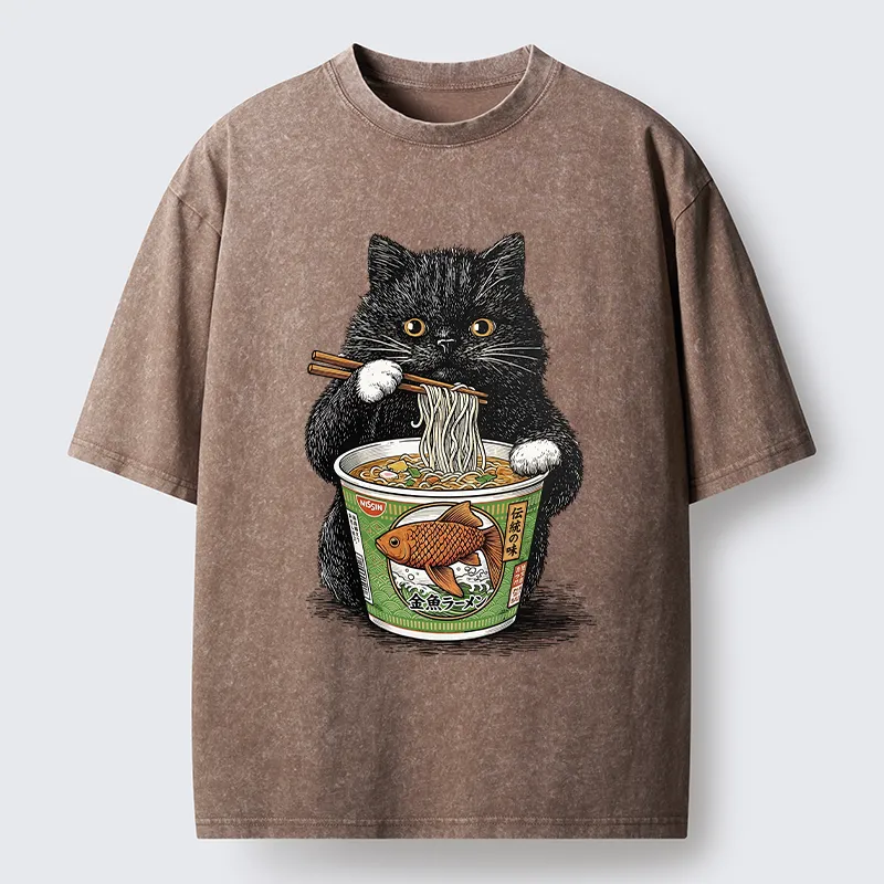 Tokyo-Lion Black Cat Eating Japanese Food Washed T-Shirt