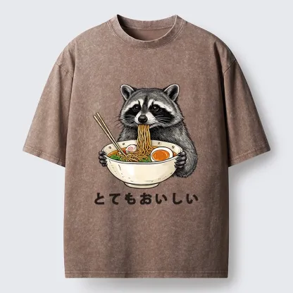 Tokyo-Lion Raccoon Eating A Big Bowl Of Ramen Washed T-Shirt
