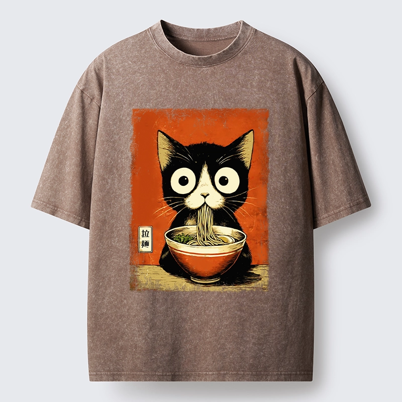 Tokyo-Lion Ramen Loving Black Cat Washed T-Shirt