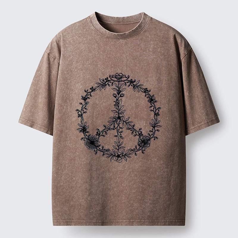 Tokyo-Lion Circle of Flower Peace Sign Washed T-Shirt