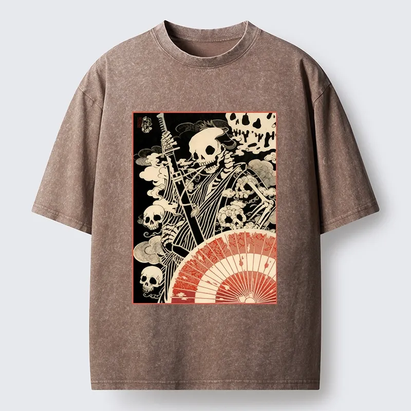 Tokyo-Lion Dark Samurai Skeleton Art Washed T-Shirt