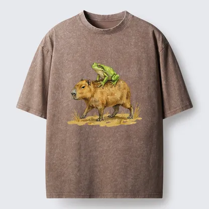 Tokyo-Lion Frog Riding A Capybara Washed T-Shirt