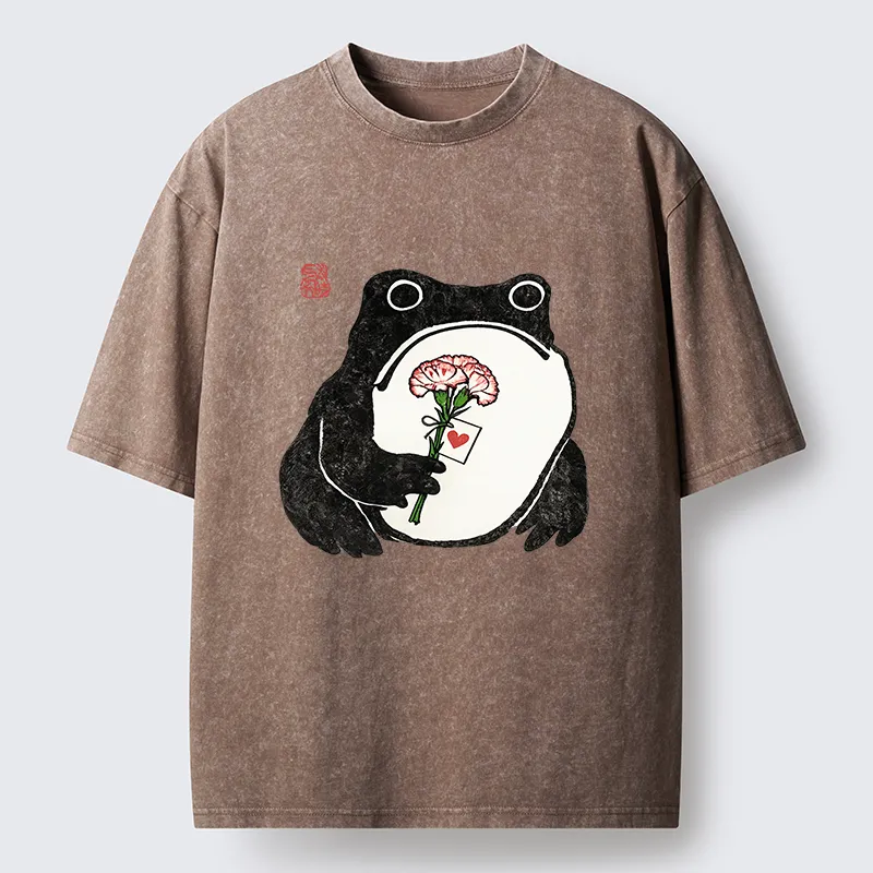 Tokyo-Lion The Frog Holding A Carnation Washed T-Shirt-Tokyo-Lion