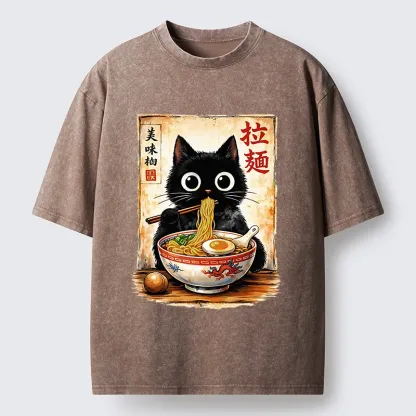 Tokyo-Lion Cute Cat Slurping Ramen Washed T-Shirt
