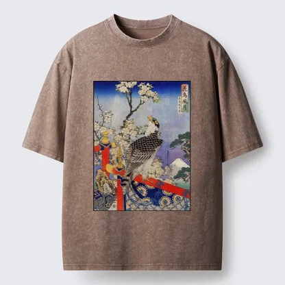 Tokyo-Lion Sakura, Eagle And Mount Fuji In Ukiyo-E Washed T-Shirt