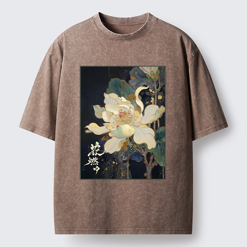 Tokyo-Lion Lotus Adorned With Golden Specks Washed T-Shirt