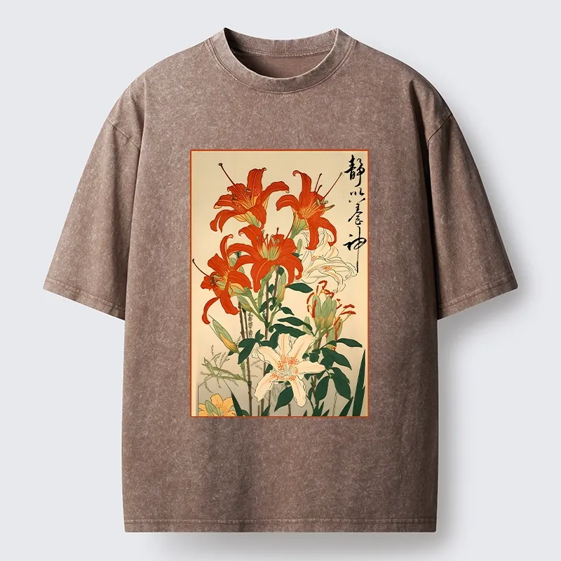 Tokyo-Lion Vibrant Red And White Lilies Washed T-Shirt-Tokyo-Lion