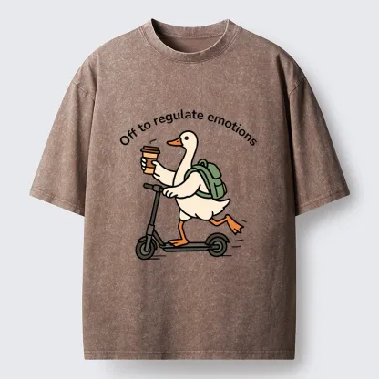 Tokyo-Lion Scooter-Riding Duck’s Self-Care Washed T-Shirt