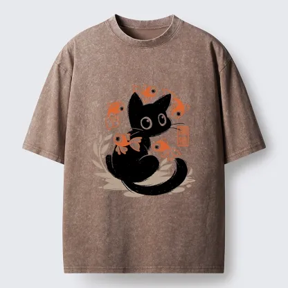 Tokyo-Lion Curious Black Cat Among Fish Washed T-Shirt