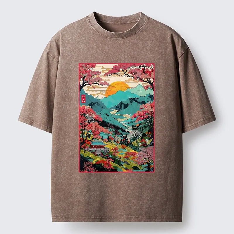 Tokyo-Lion Golden Sun Over Serene Valley Washed T-Shirt