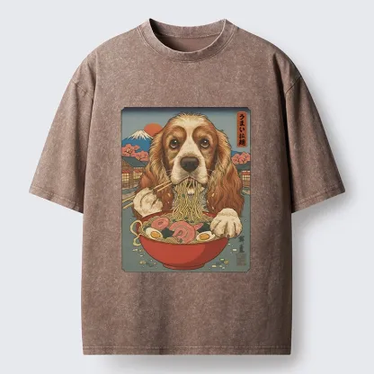 Tokyo-Lion Dog Slurping Ramen In Japanese Style Washed T-Shirt