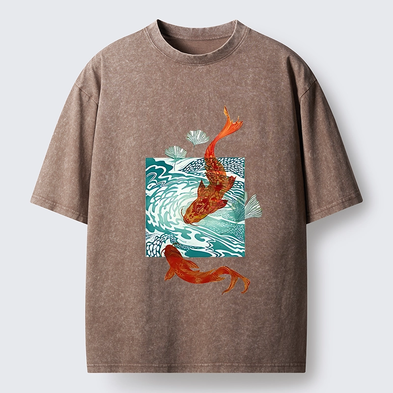 Tokyo-Lion Vibrant Koi In Wave Patterns Washed T-Shirt