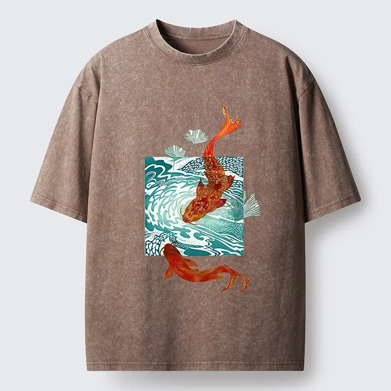 Tokyo-Lion Vibrant Koi In Wave Patterns Washed T-Shirt