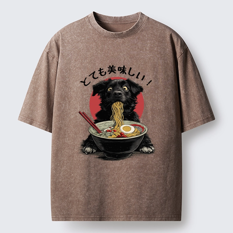 Tokyo-Lion Dog Eating Ramen Joyfully Washed T-Shirt